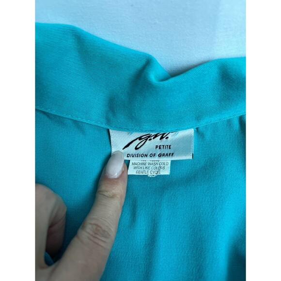 Vintage G.W. Gingham Turquoise Blue Shacket Button Down Quirky 80s Petite L - Picture 5 of 9